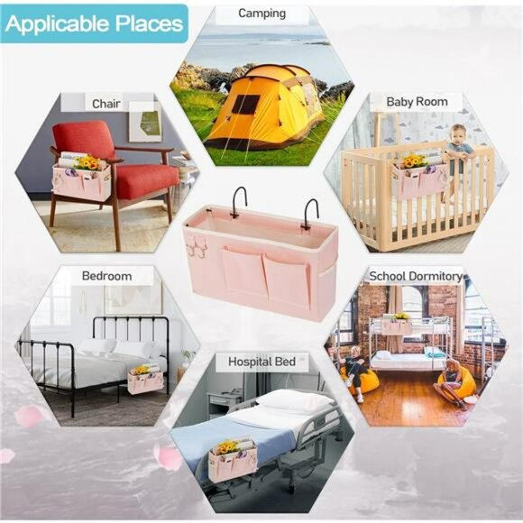 bedside caddy hanging storage organizer dorm bunk bed hospital bed rail pink bag - Picture 6 of 7